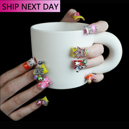 Neon Pop Star Short Duck Press-On Nails, Funky 3D Handmade Gel Nails with Rhinestone, Dice & Stars,  Glue on Nail