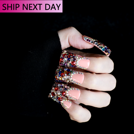 Dazzling Long Duck Press-On Nails with Multicolor Rhinestone, 3D Trendy Handmade Nail, Gel Nails, Glue on Nail