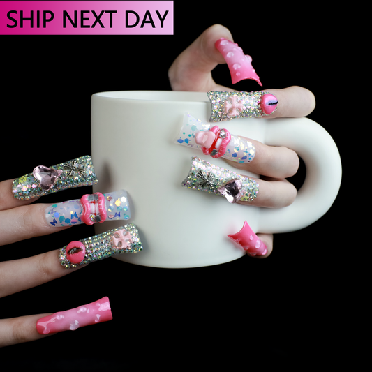 Pink Extra Long Duck Press-On Nails with Rhinestone, Sparkles, 3D Embellished Glitter Handmade Nail, Gel Nails, Glue on Nail