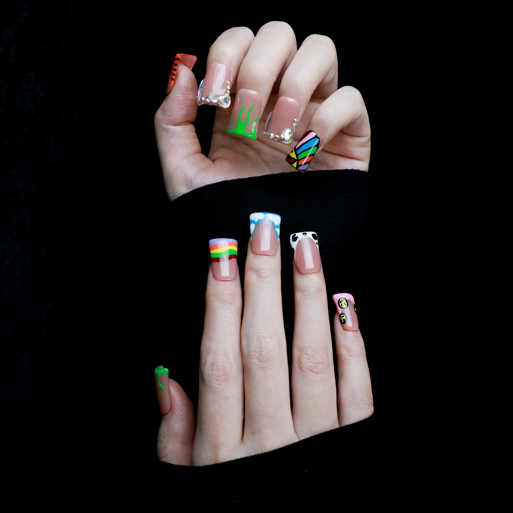 Playful Short Duck Press-On Nails with Rainbow, Rhinestone & Tiger Print, Trendy Handmade Nail | Gel Nails, Glue on Nail