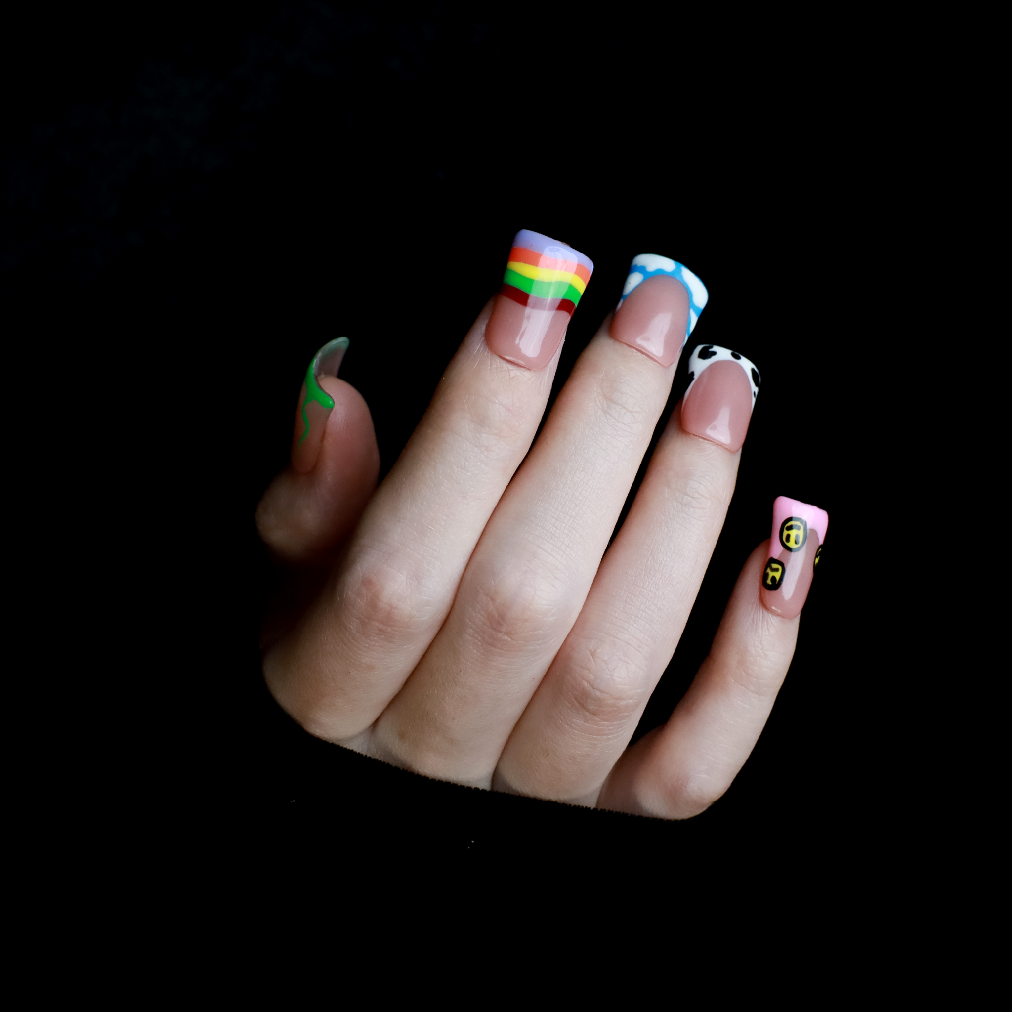 Playful Short Duck Press-On Nails with Rainbow, Rhinestone & Tiger Print, Trendy Handmade Nail | Gel Nails, Glue on Nail