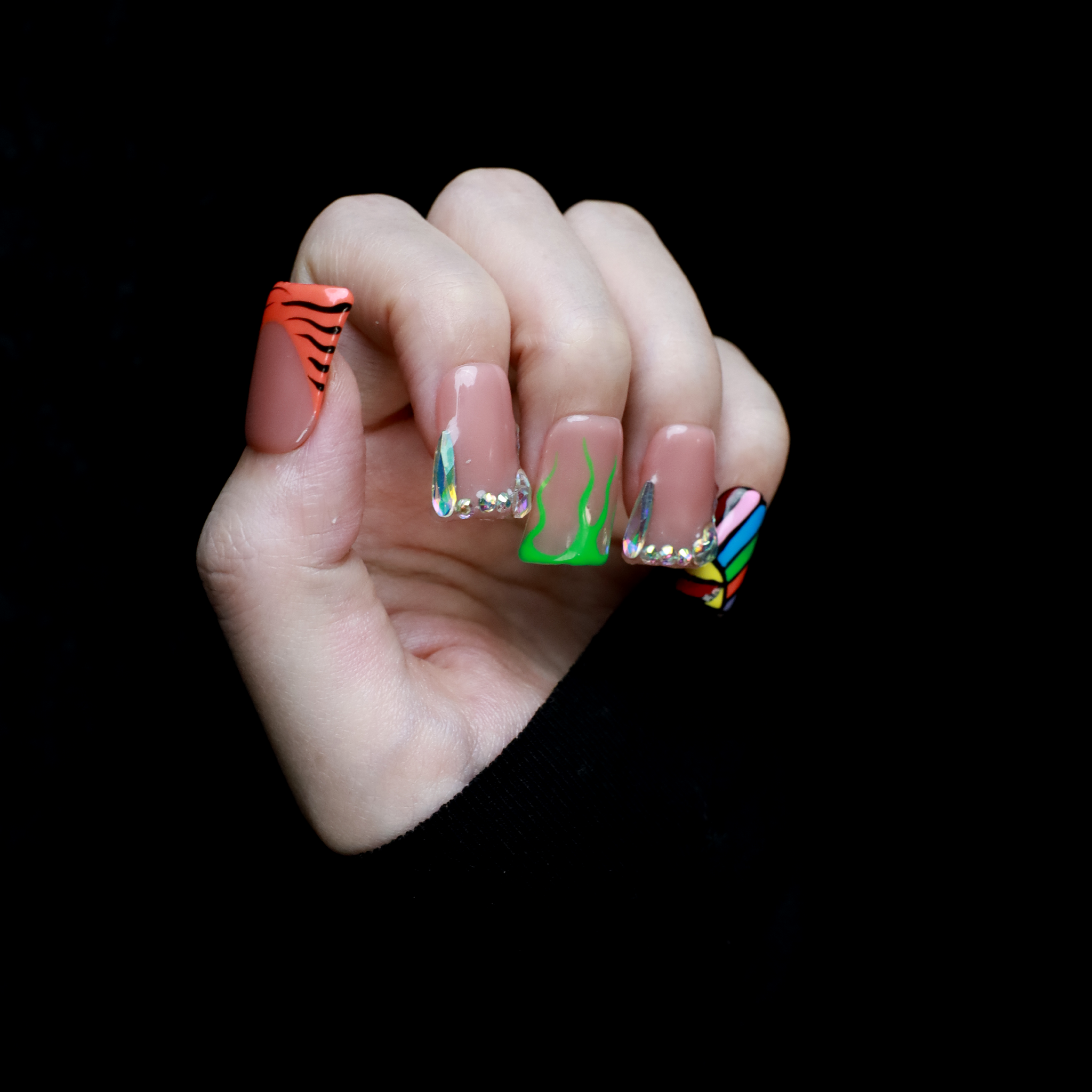 Playful Short Duck Press-On Nails with Rainbow, Rhinestone & Tiger Print, Trendy Handmade Nail | Gel Nails, Glue on Nail