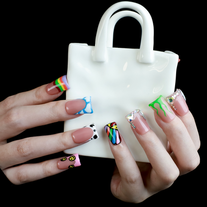 Playful Short Duck Press-On Nails with Rainbow, Rhinestone & Tiger Print, Trendy Handmade Nail | Gel Nails, Glue on Nail