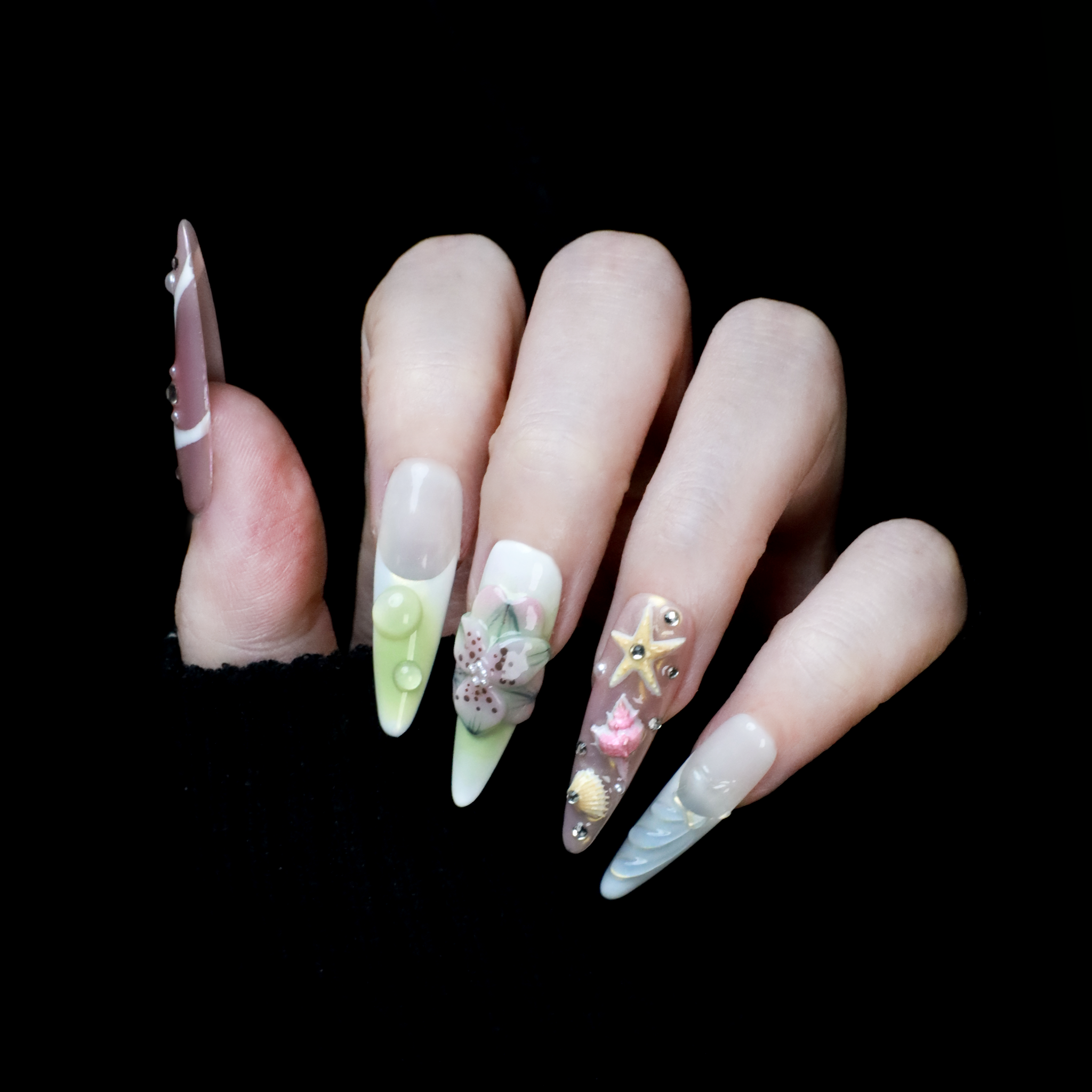 Floral Blush & Pearl Press-On Nails | 3D Flower & Butterfly Nail Art | Elegant Pink and Green Summer Nail Design with Rhinestones