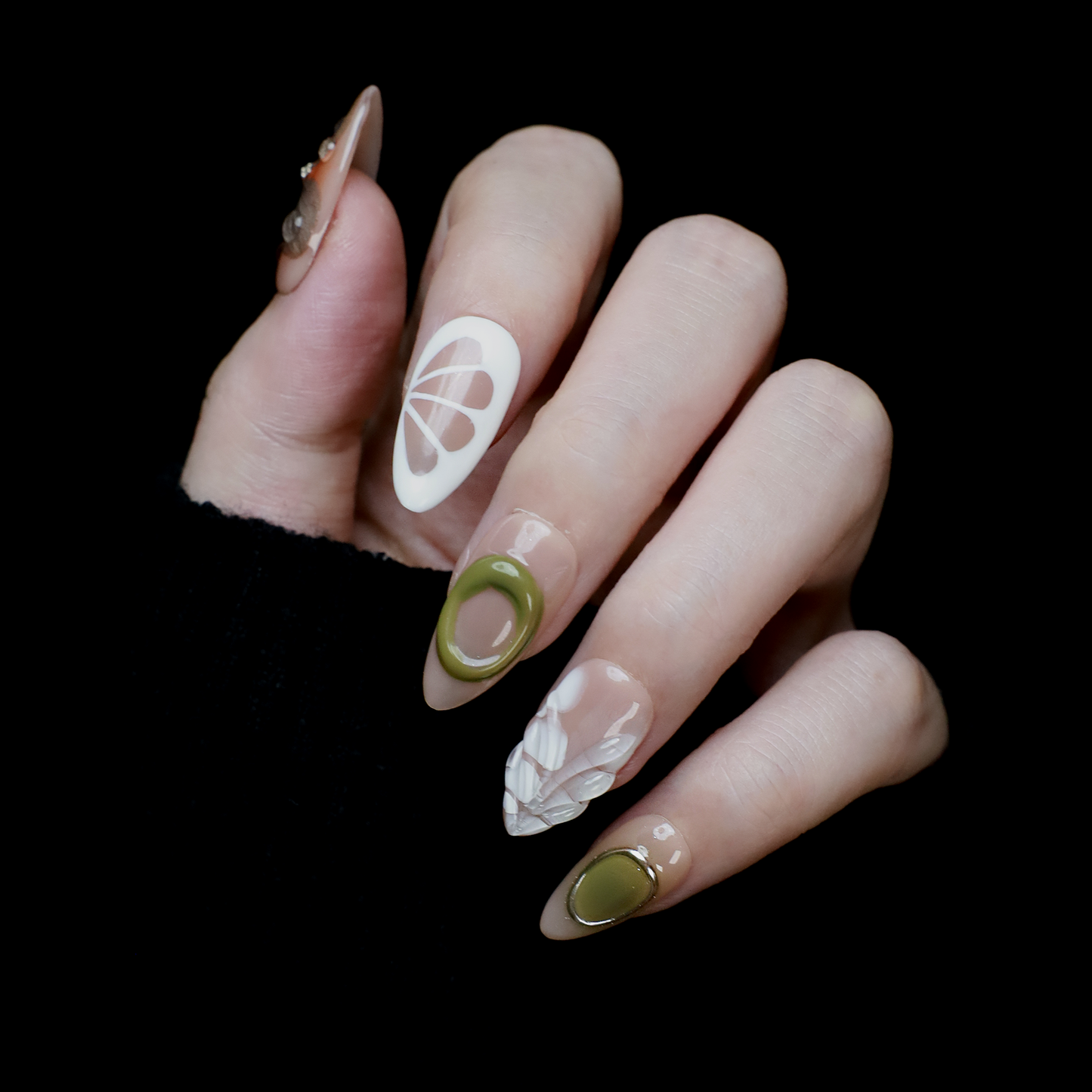 Leaf and Organic design Press On Nails | Delight 3D nails | Leaf,Lemon,Flower| Short Almond | Handmade Nails, Fake Nails,Gel Nails