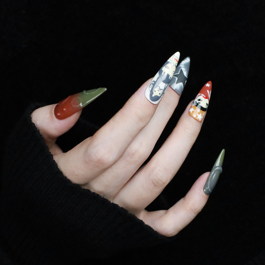 Japanese-Inspired Artistic Press-On Nails, Hand-Painted Cosplay Nails, Anime Characters with 3D Embellishments, Rhinestone & Pearl Accents