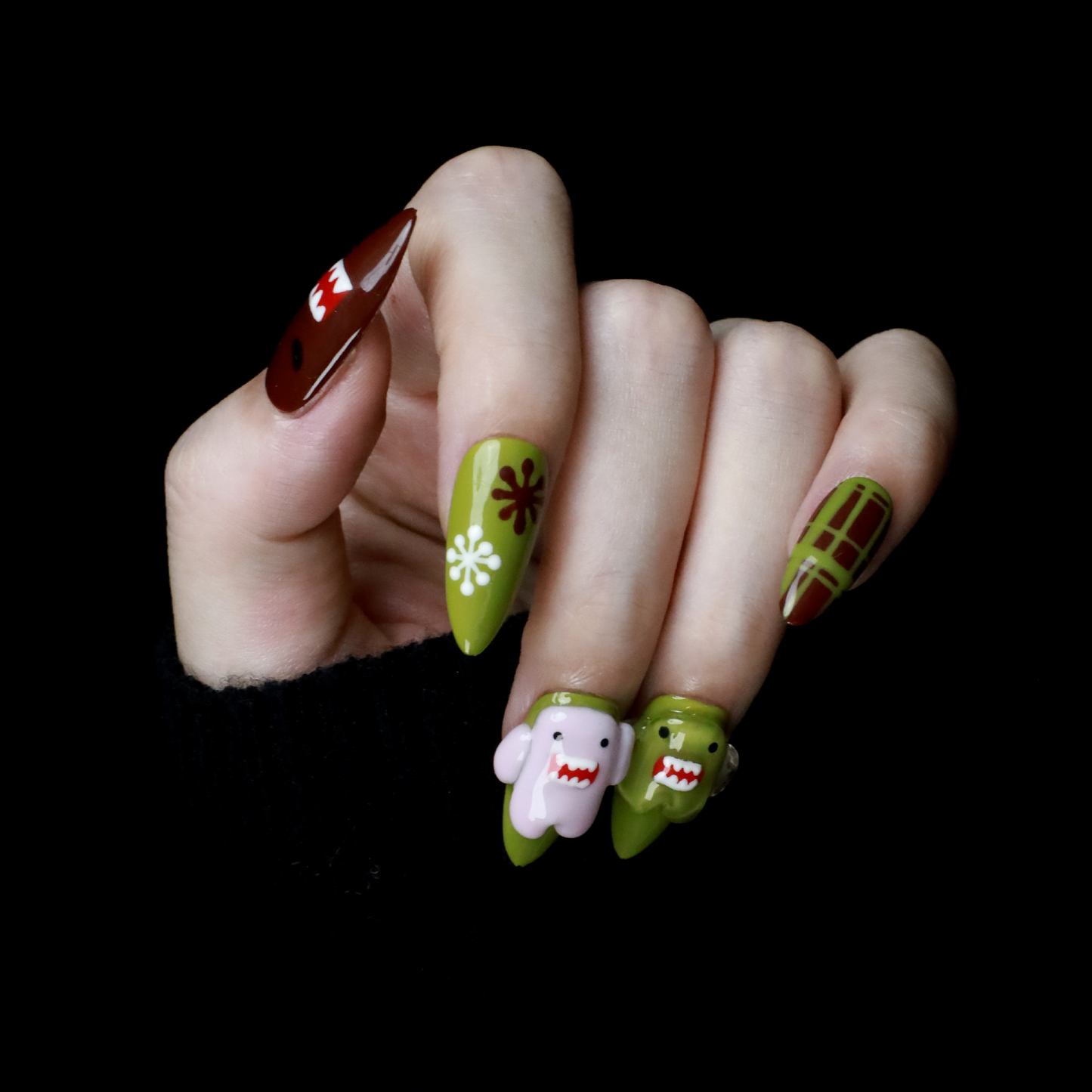 Playful Monster Custom Press On Nails | 3D Pink and Green Handcrafted Nail | Cute Bear Short Stiletto Fake Nails | Party and Casual Gel Nail