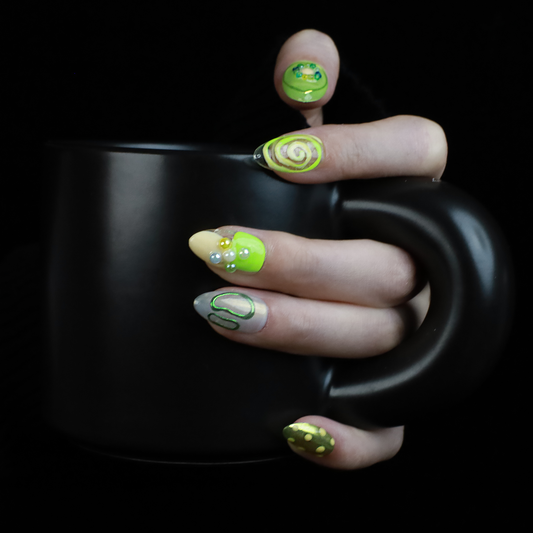 Neon Slime Fantasy Press On Nails | 3D Neon Green | Playful Kawaii | Bear, Smile Face, Star | Extra Short Almond | Fake Nails, Gel Nails