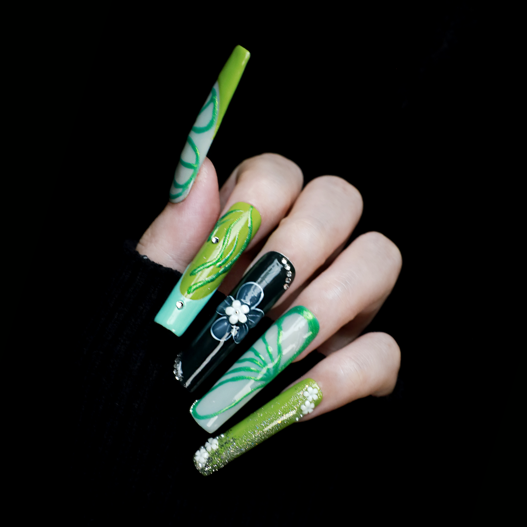 Emerald Blossom Press On Nails | 3D Flower, Leaf | Green nail | Long Square｜Handmade Nails, Reusable nails, Fake Nails,Gel Nails