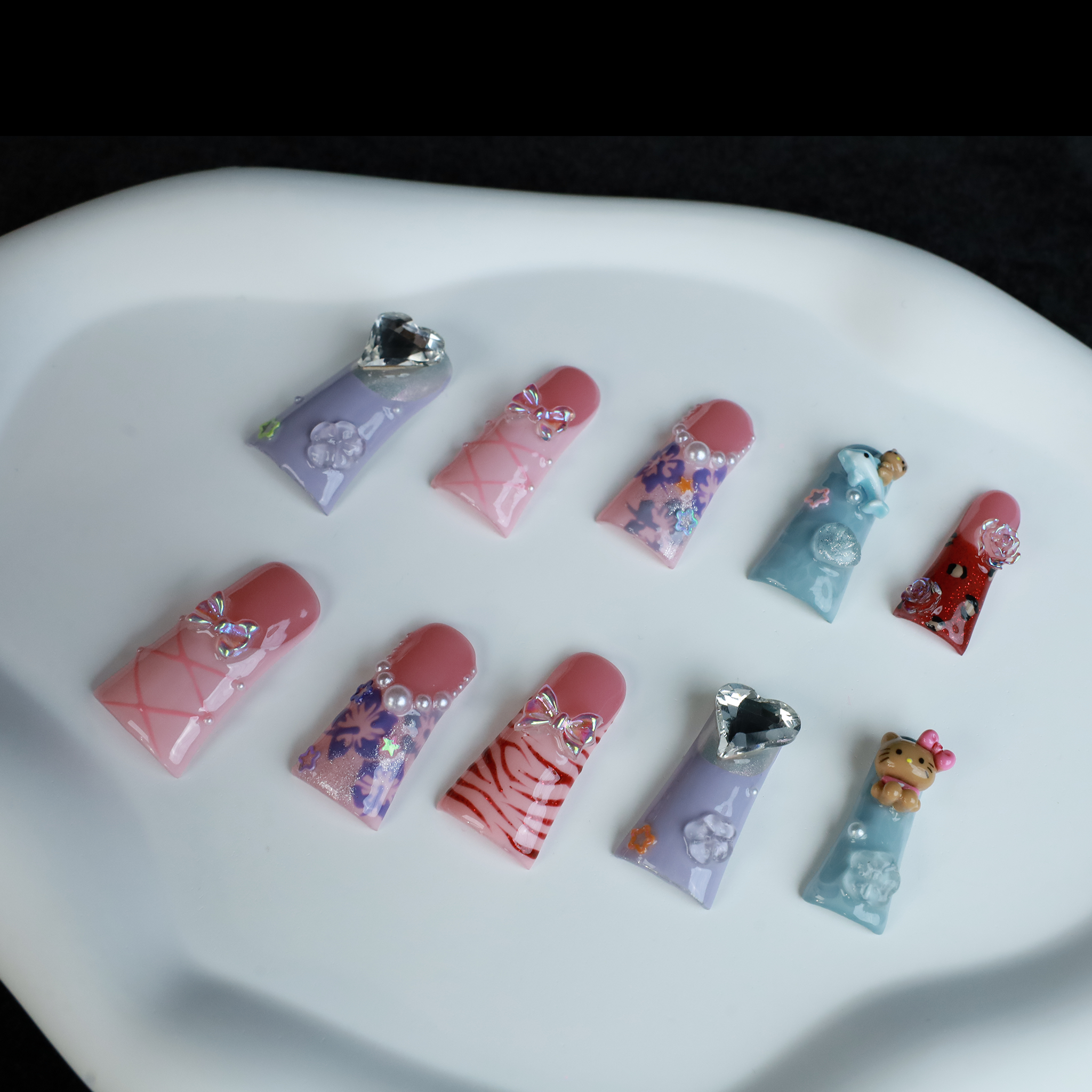 Whimsical 3D Long Duck Press-On Nails with Rhinestones, Bows, Pearls, Hearts, Florals and  Cute Characters, Handmade Nail, Glue on Nail