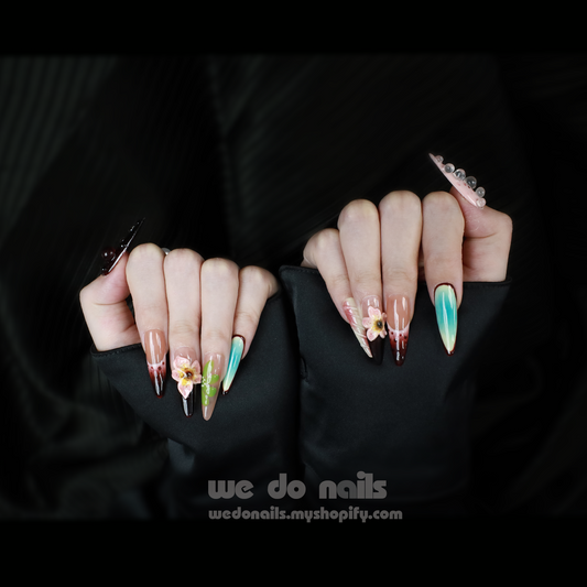 Blooming Spring | Artistic flowers and 3D | Medium Stiletto | Custom Press On Nails