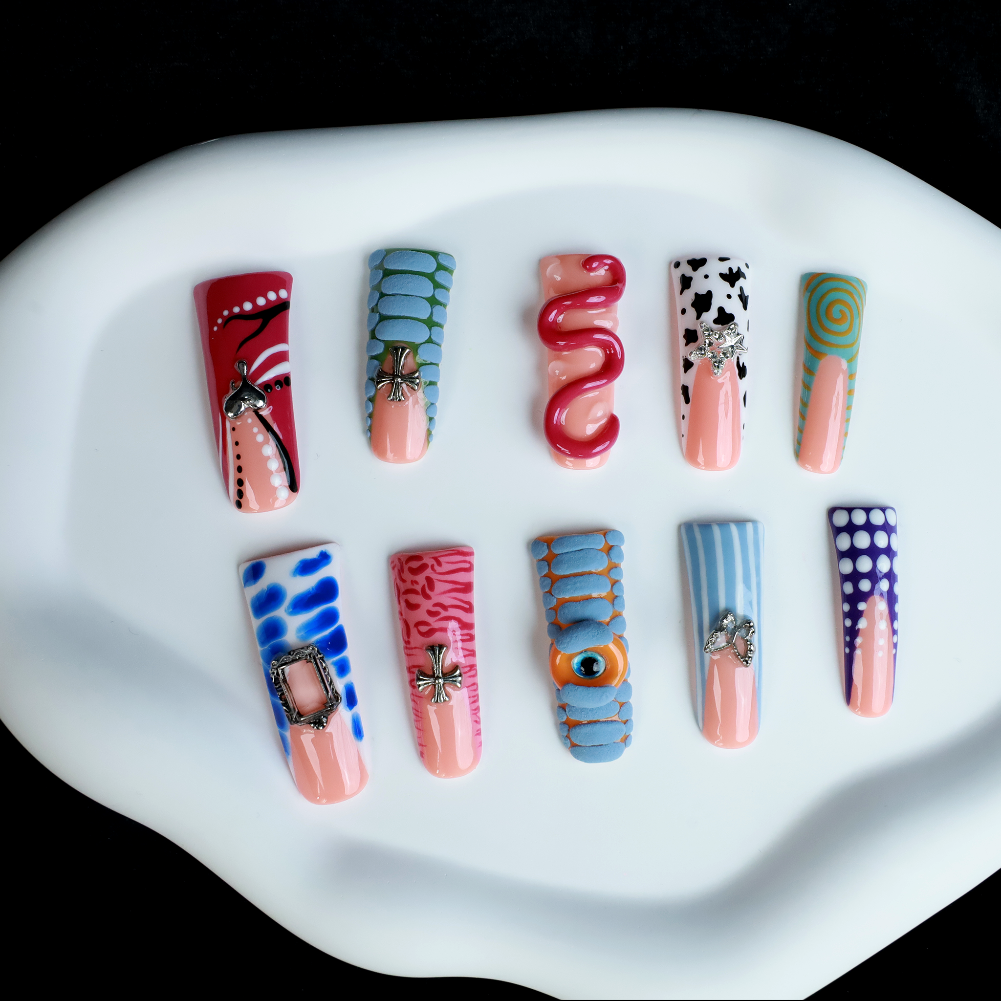 Avant-Garde 3D Extra Long Duck Press-On Nails with Rhinestones, Eclectic Patterns & Vivid Textures,  Handmade Nail, Gel Nails, Glue on Nail