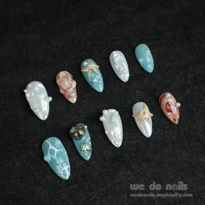 Ocean's Treasures Custom Press On Nails| 3D Starfish, 3D Shell, 3D Pearls | Short Almond Nail | Handmade Nails, Fake Nails,Gel Nails