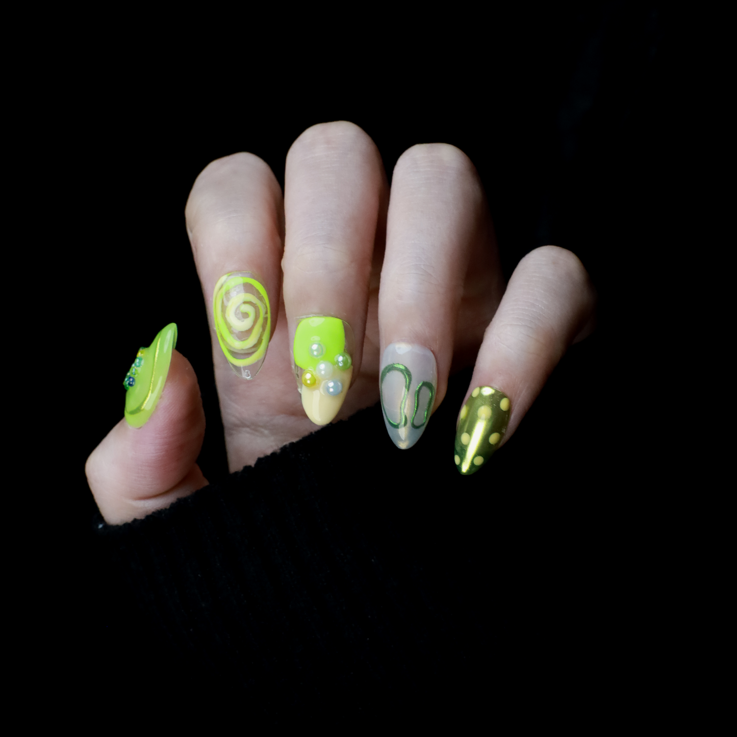 Neon Slime Fantasy Press On Nails | 3D Neon Green | Playful Kawaii | Bear, Smile Face, Star | Extra Short Almond | Fake Nails, Gel Nails