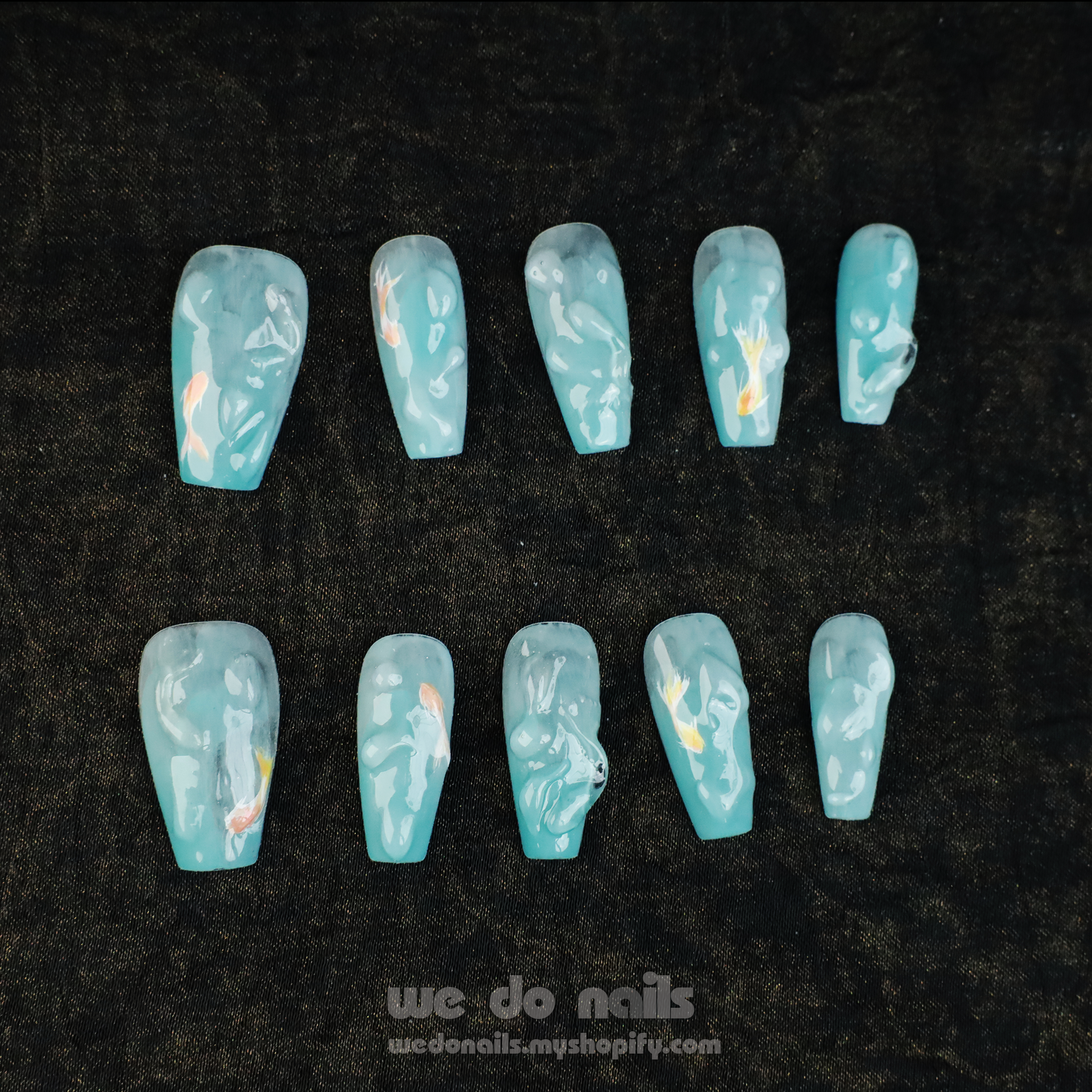 Aqua Laguna |  Icy blue, Fishy and 3D Water | Short Trapezoid | Custom Press On Nails