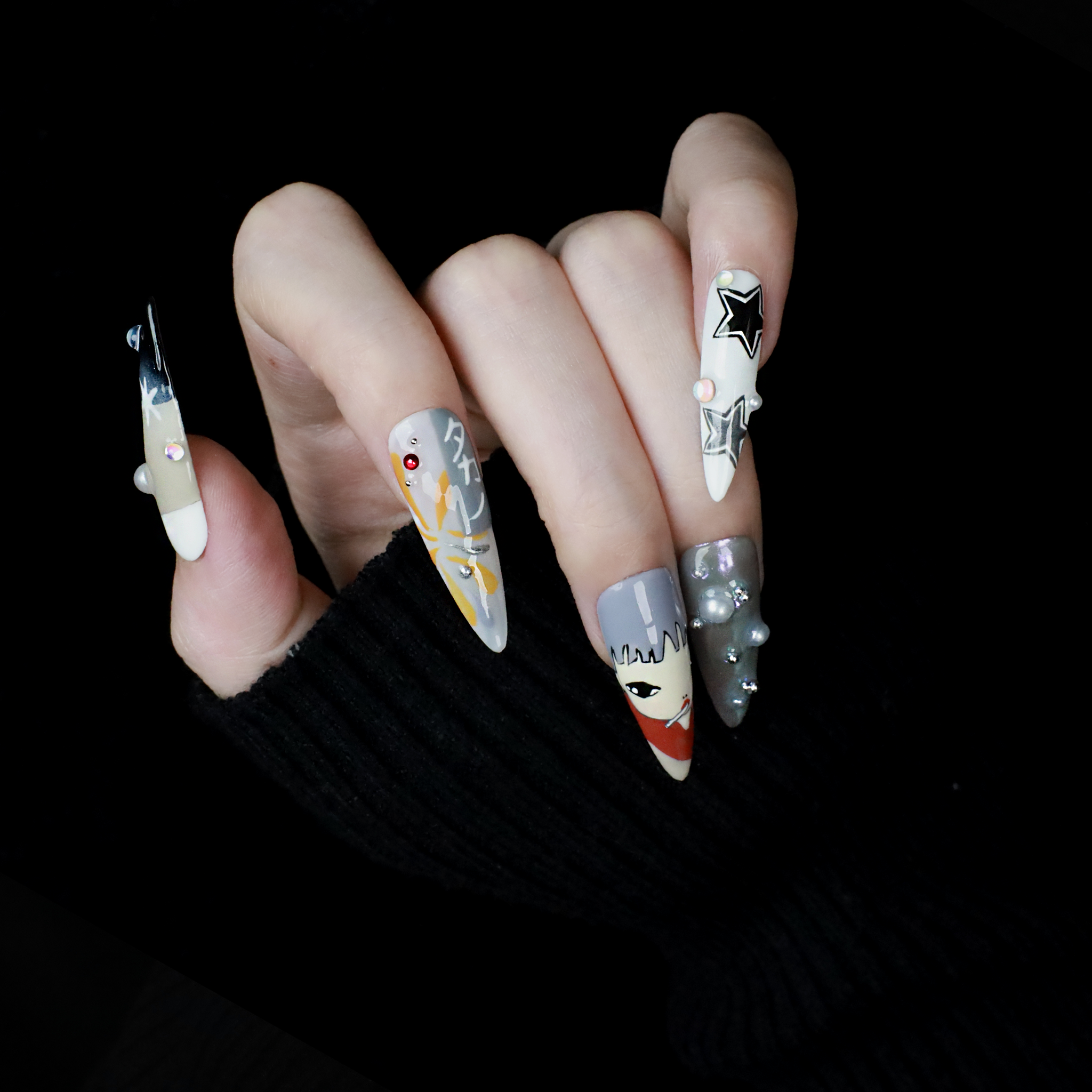 Japanese-Inspired Artistic Press-On Nails, Hand-Painted Cosplay Nails, Anime Characters with 3D Embellishments, Rhinestone & Pearl Accents