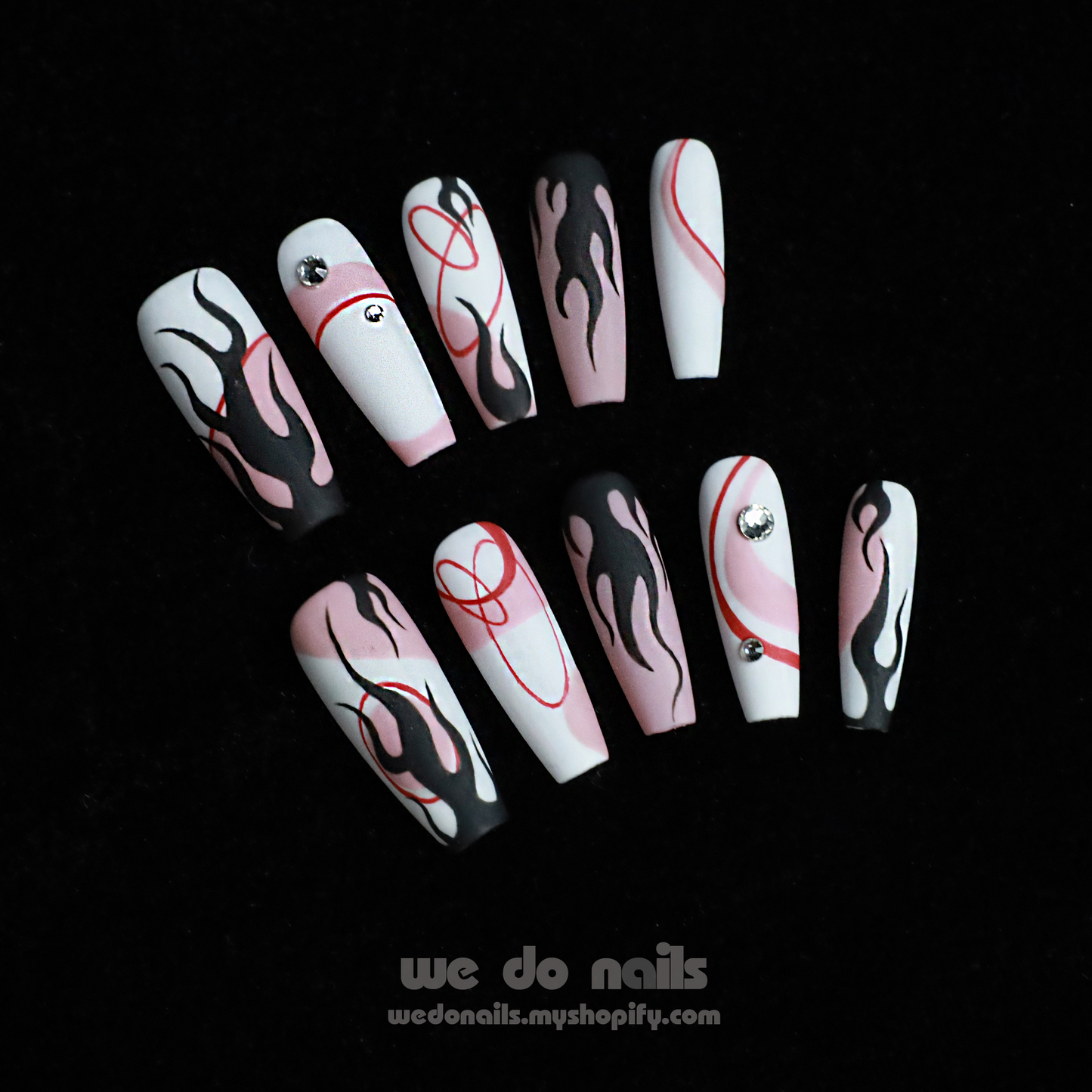 Flame Passion Custom Press On Nails| Pink and Black| Abstract Elegant |Medium Trapezoid｜Handmade Nails, Reusable nails, Fake Nails,Gel Nails