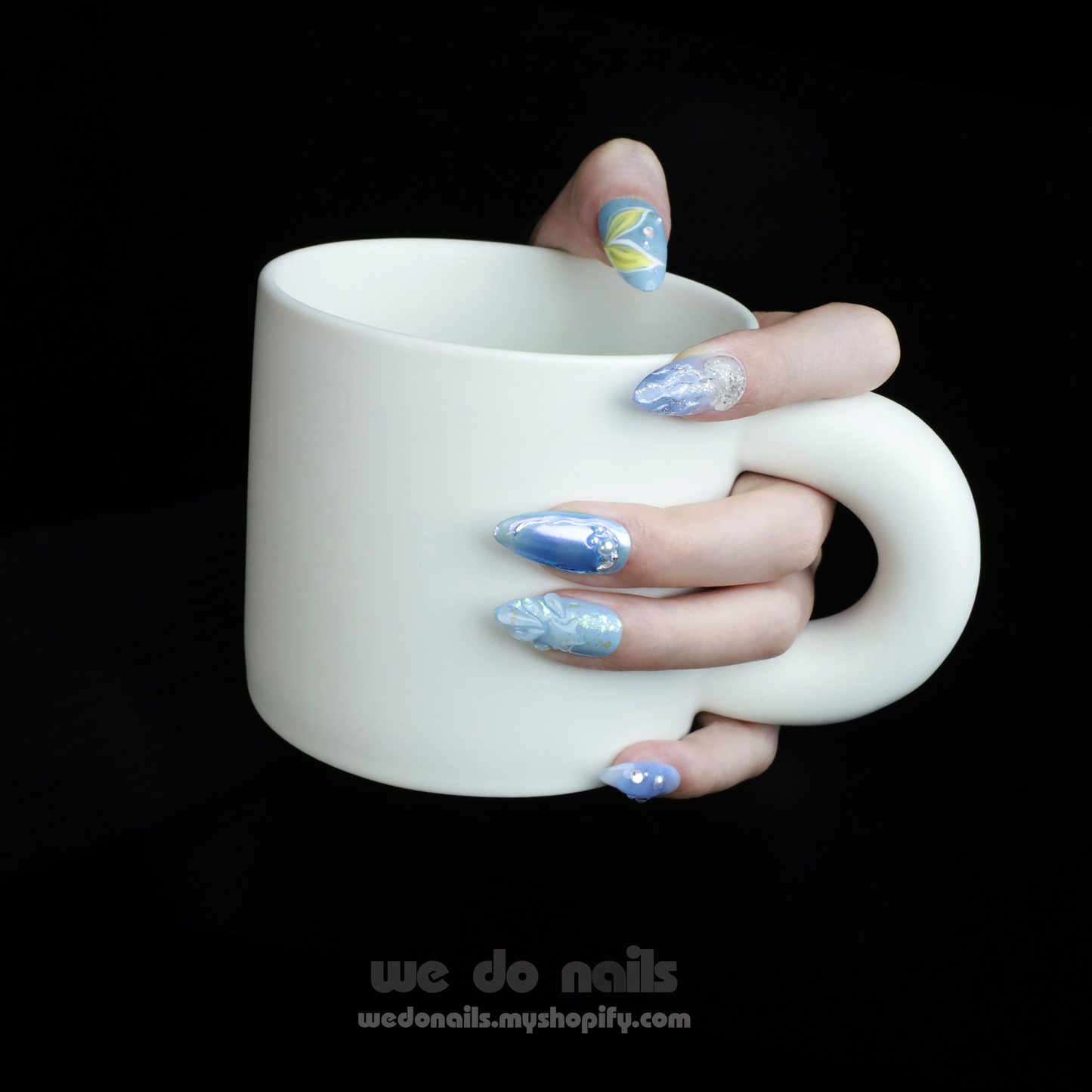 Under The Sea Custom Press On Nails | Mermaid Tails, Seashell, Pearls 3D nails | Medium Almond | High-Quality, Handmade Nails, Fake Nails