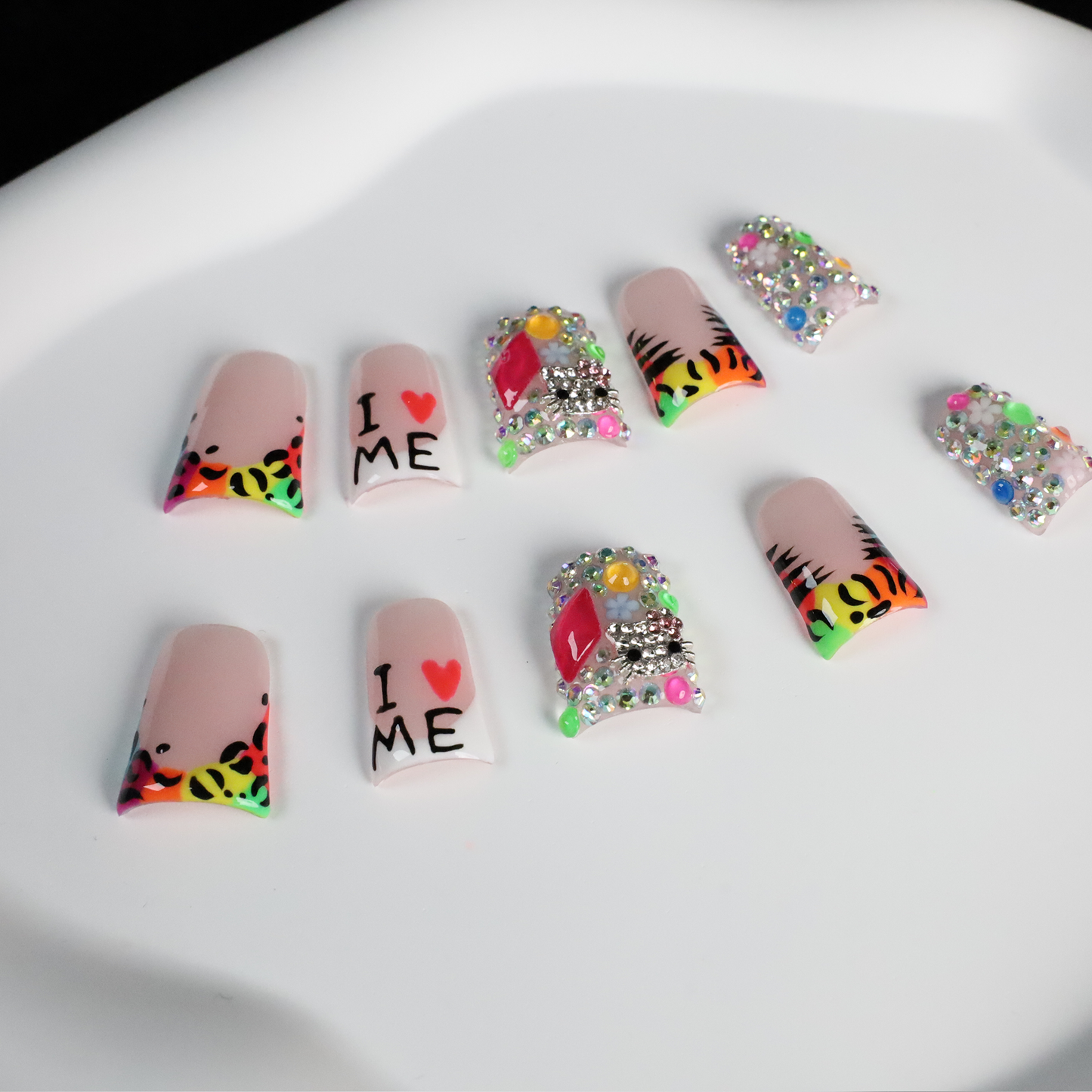 Bold Neon Glam Short Duck Press-On Nails | Rhinestone & Animal Print Nail Art | Funky Confidence Handmade Nail | Gel Nails, Glue on Nail