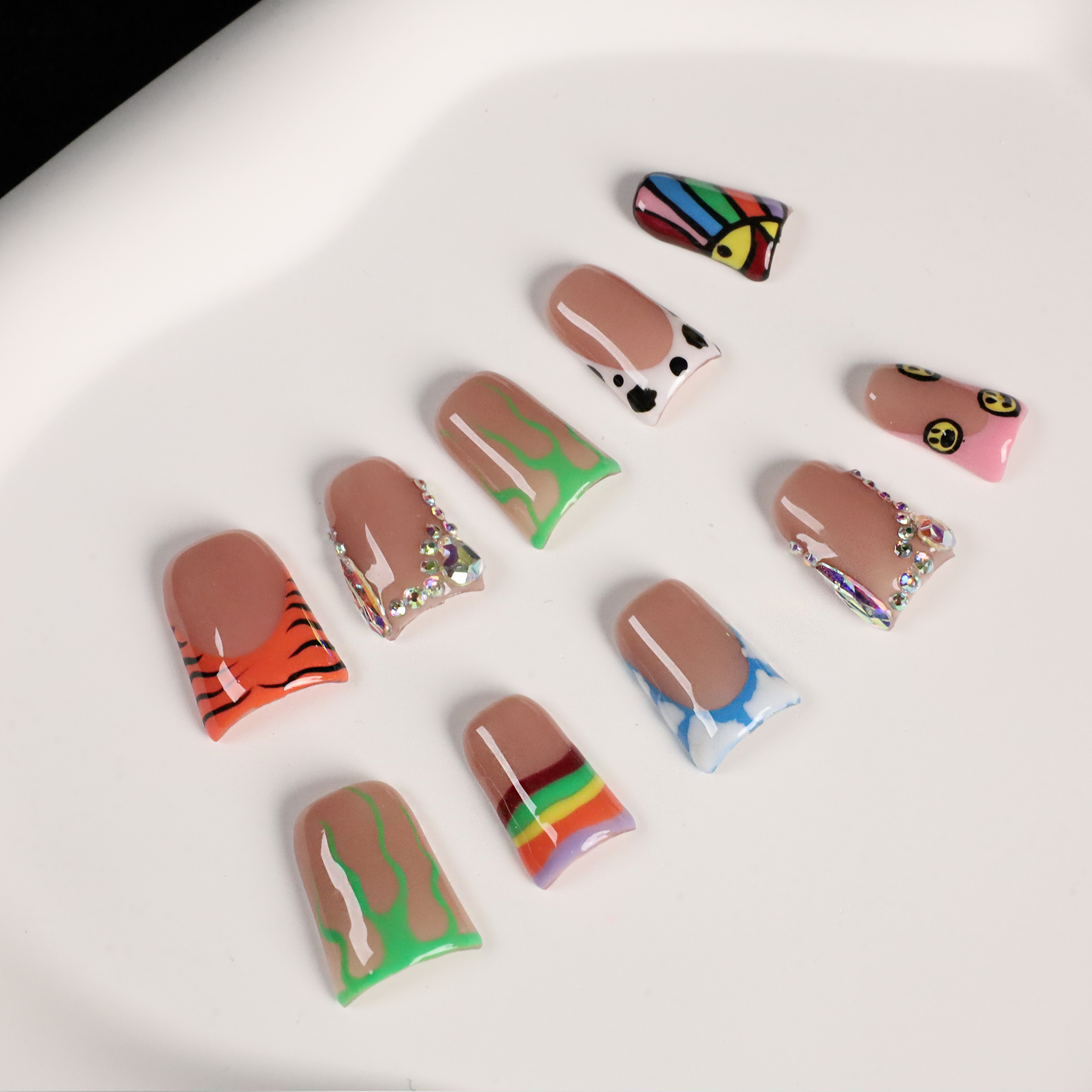 Playful Short Duck Press-On Nails with Rainbow, Rhinestone & Tiger Print, Trendy Handmade Nail | Gel Nails, Glue on Nail