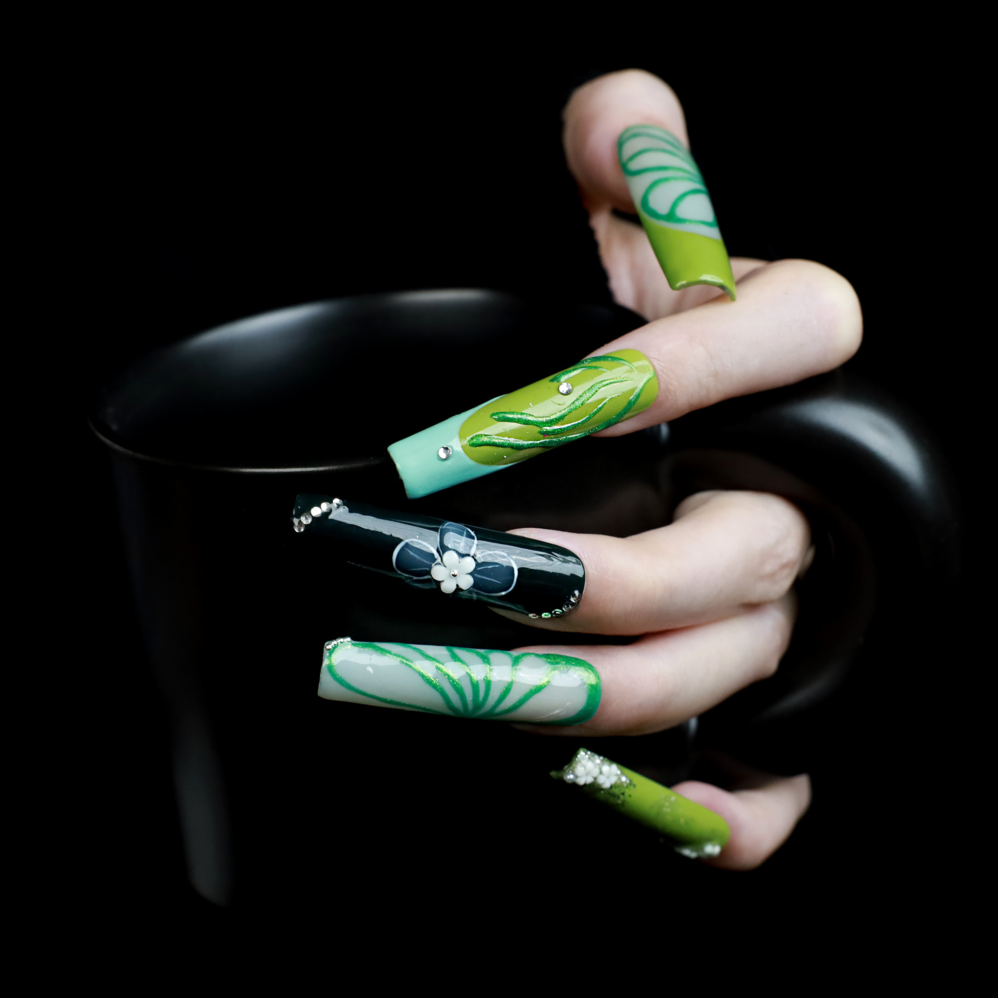 Emerald Blossom Press On Nails | 3D Flower, Leaf | Green nail | Long Square｜Handmade Nails, Reusable nails, Fake Nails,Gel Nails