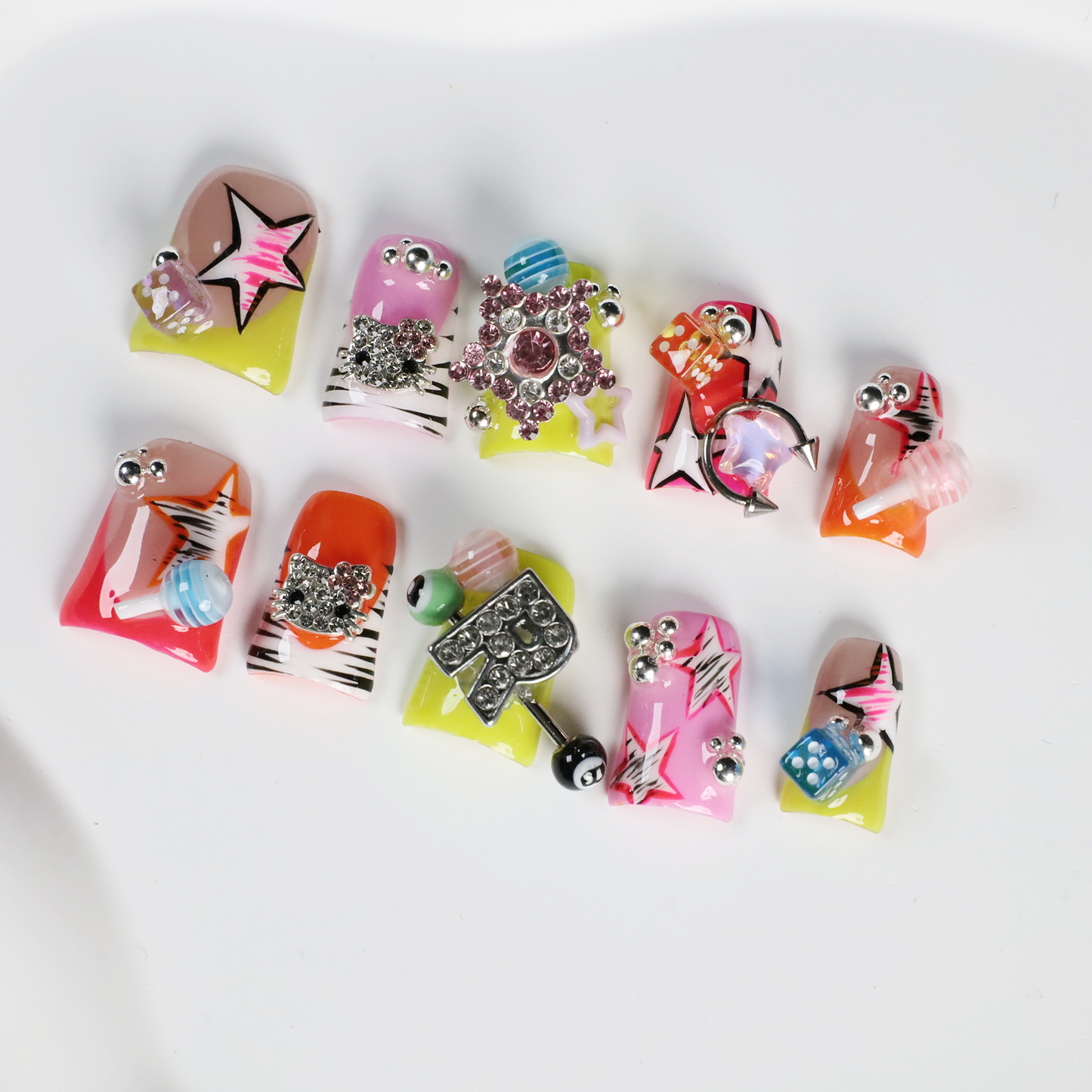 Neon Pop Star Short Duck Press-On Nails, Funky 3D Handmade Gel Nails with Rhinestone, Dice & Stars,  Glue on Nail