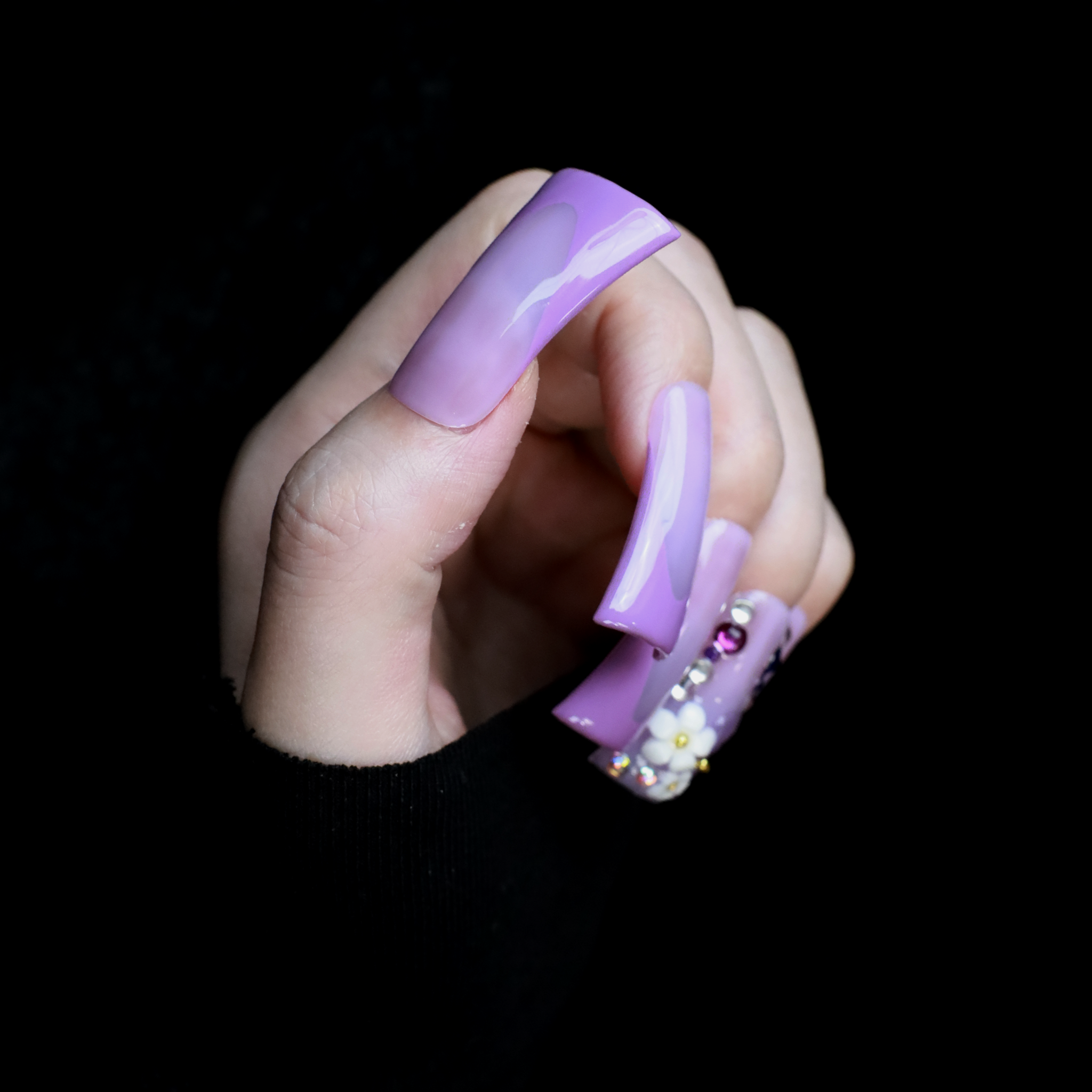 3D Purple Floral Long Duck Press-On Nails with Elegant French Style, Long-lasting handmade Acrylic Fake Nails