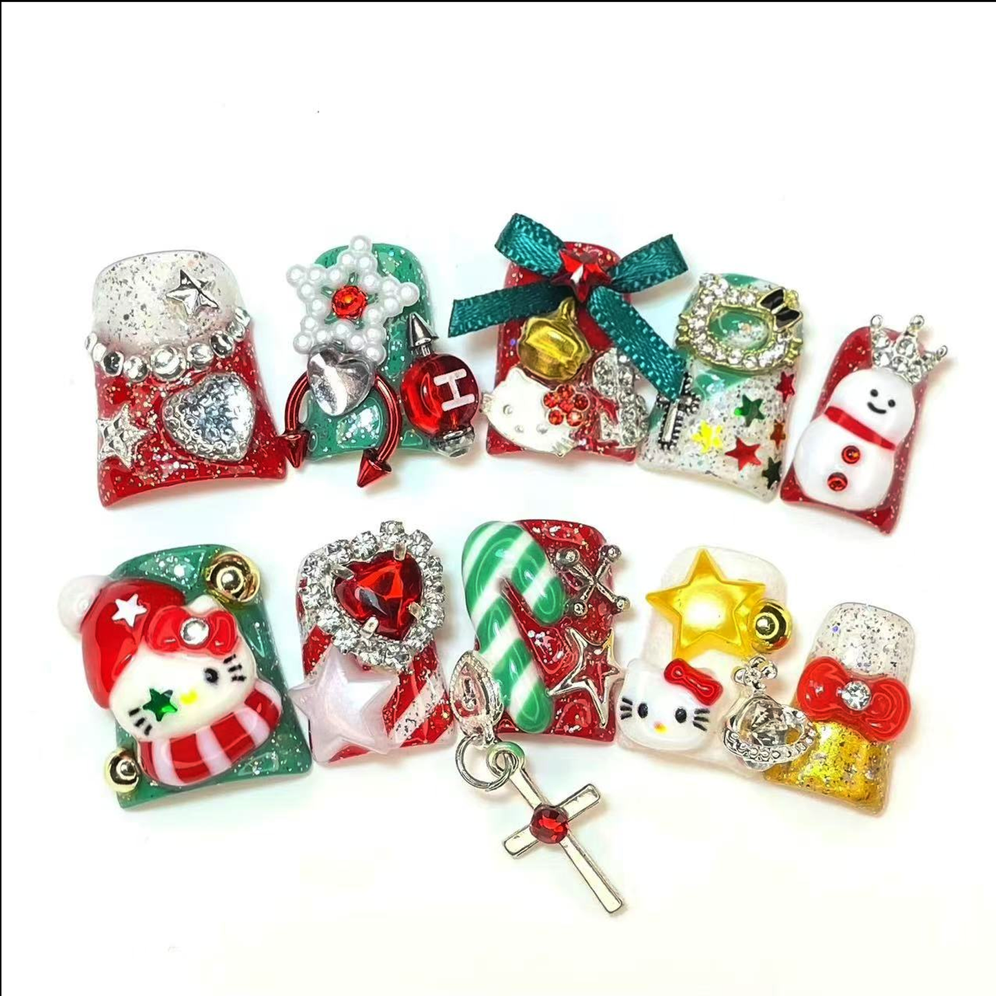 Luxurious Christmas Short Press-On Nails with Snowmen, Candy, Stars, Bows, and Hello Kitty, Festive Holiday Handmade Nail Art