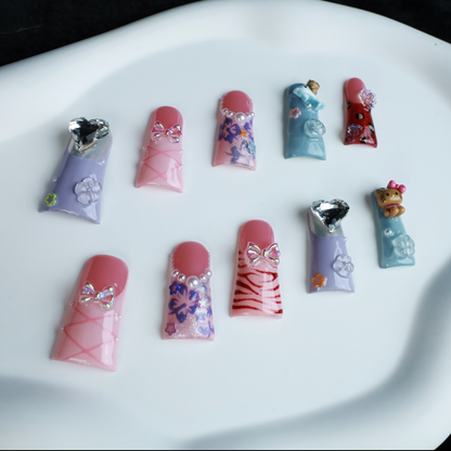 Whimsical 3D Long Duck Press-On Nails with Rhinestones, Bows, Pearls, Hearts, Florals and  Cute Characters, Handmade Nail, Glue on Nail