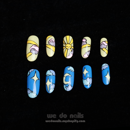 Sunrise & Moonlight Custom Press On Nails | Cute Cartoon | Yellow and Blue|Medium Oval|Handmade nails, Fake Nails, Gel Nails, Reusable Nails