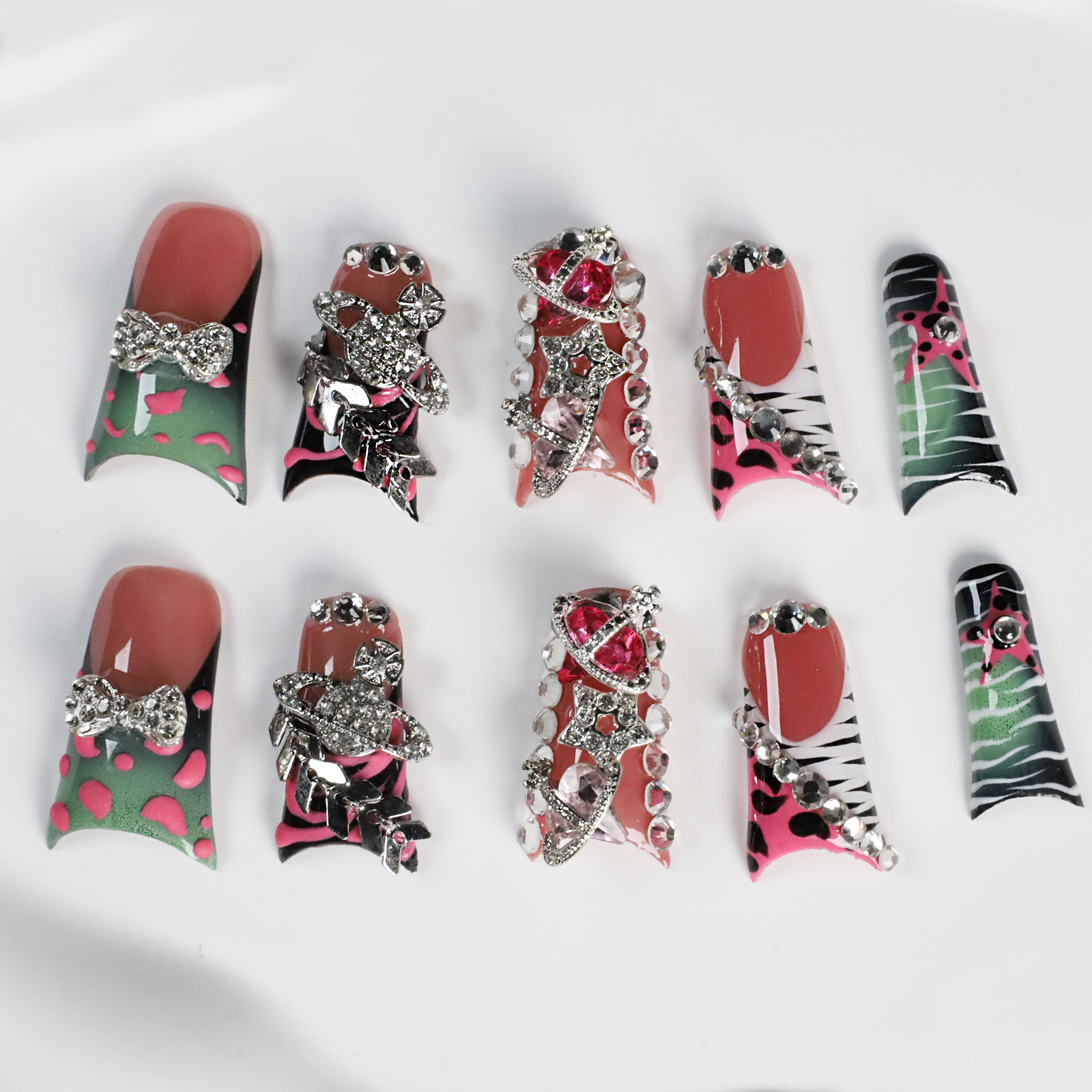 Glam Jungle Luxe 3D Long Duck Press-On Nails with Rhinestones, Animal Print & Neon Pop,  Handmade Nail, Gel Nails, Glue on Nail