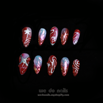 Red Sky Custom Press On Nails | Star 3D nails | Red Nails | Short Almond Nail | Handmade Nails, Reusable nails, Fake Nails,Gel Nails