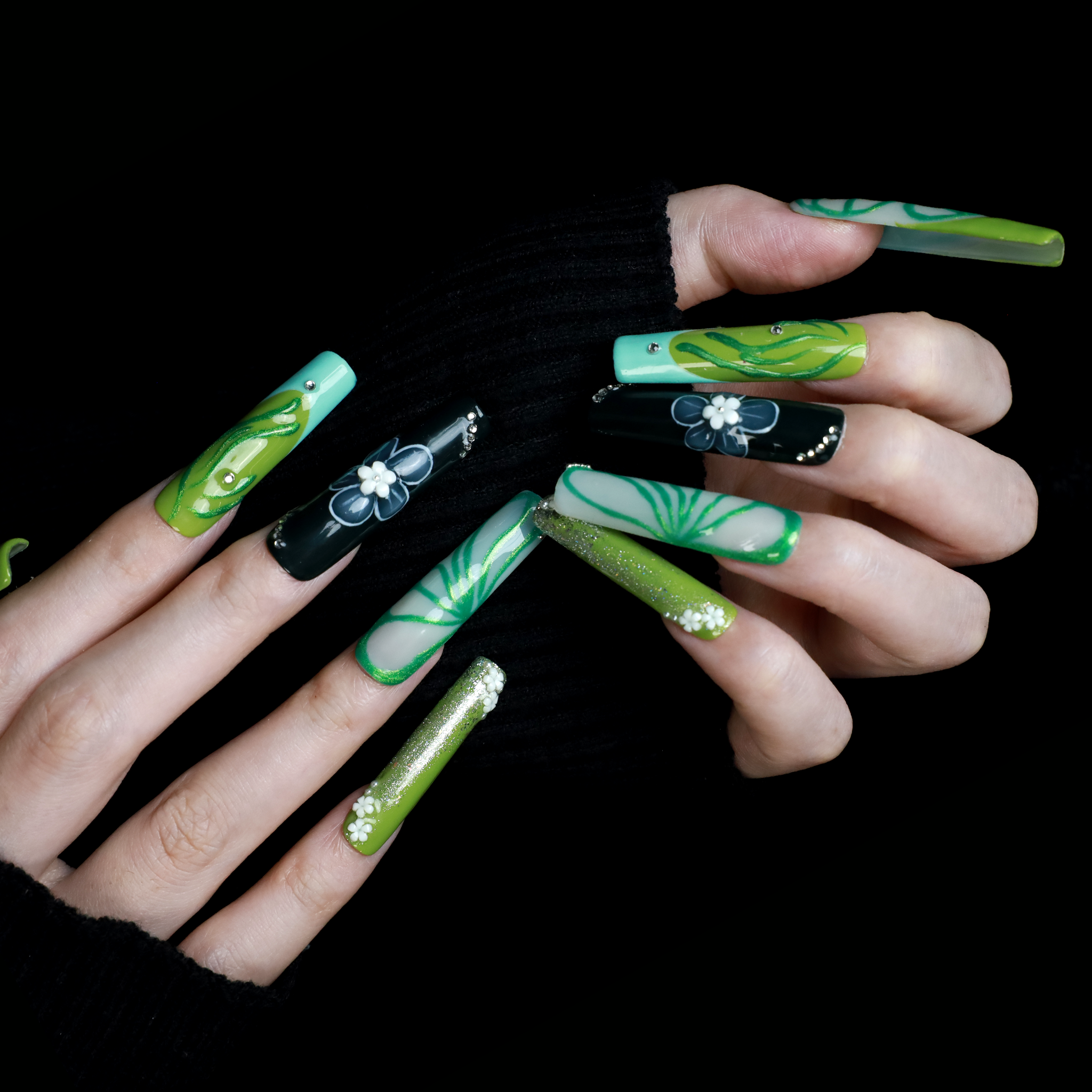 Emerald Blossom Press On Nails | 3D Flower, Leaf | Green nail | Long Square｜Handmade Nails, Reusable nails, Fake Nails,Gel Nails