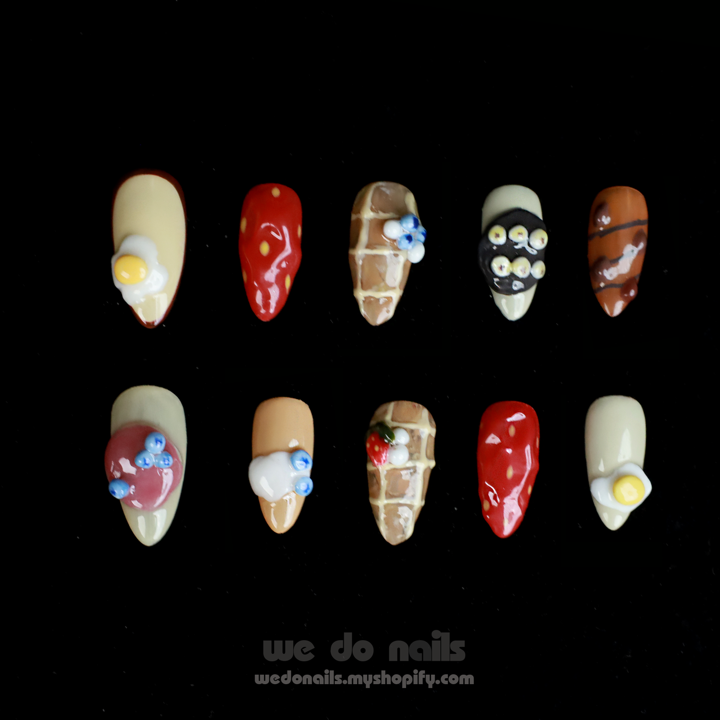 Gourmet Delight Press On Nails | Playful 3D nails | 3D Egg, Waffle, Blueberry, Strawberry |Short Almond|Handmade Nails, Fake Nails,Gel Nails