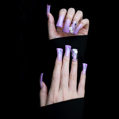 3D Purple Floral Long Duck Press-On Nails with Elegant French Style, Long-lasting handmade Acrylic Fake Nails