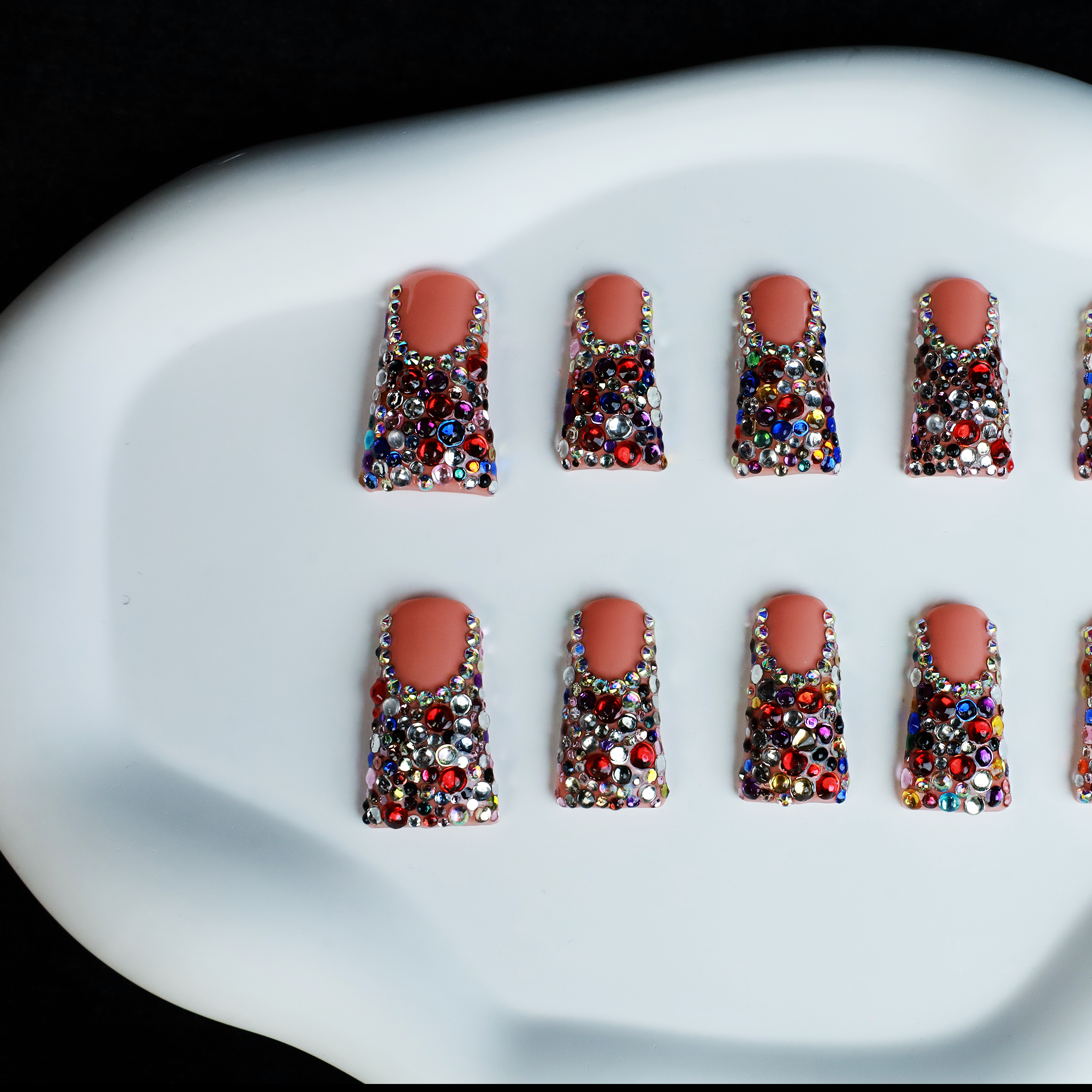 Dazzling Long Duck Press-On Nails with Multicolor Rhinestone, 3D Trendy Handmade Nail, Gel Nails, Glue on Nail