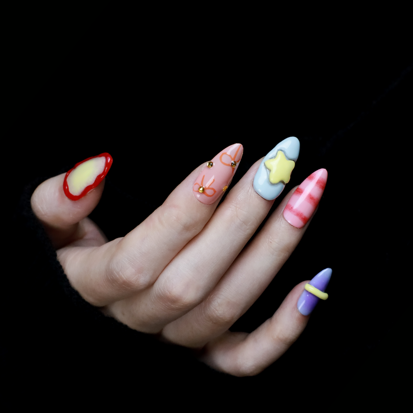 Candyland Dream Custom Press On Nails | 3D Bow, Star Nails | Medium Almond Nail | Handmade Nails, Reusable nails, Fake Nails,Gel Nails