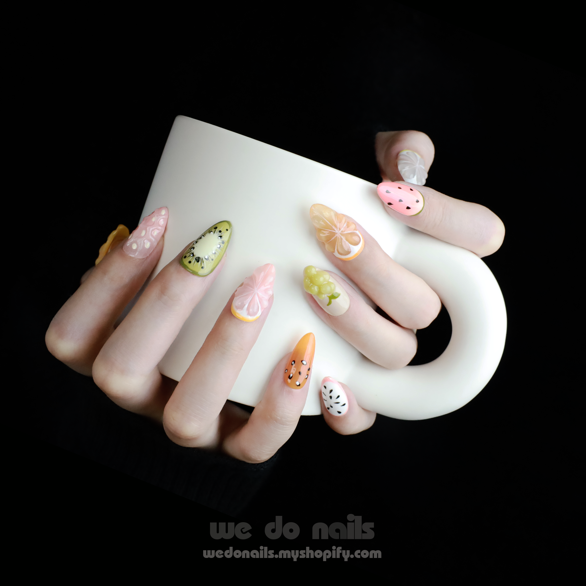 Fruity Fantasy Press On Nails | 3D Fruit nails | Short Almond Nail | Handmade Nails, Reusable nails, Fake Nails,Gel Nails