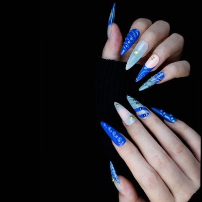 Blue Dream Custom Press On Nails | 3D golden Stars, Moons | Blue Nails | Medium Stiletto | Handmade Nails,Reusable, Fake Nails,Gel Nails