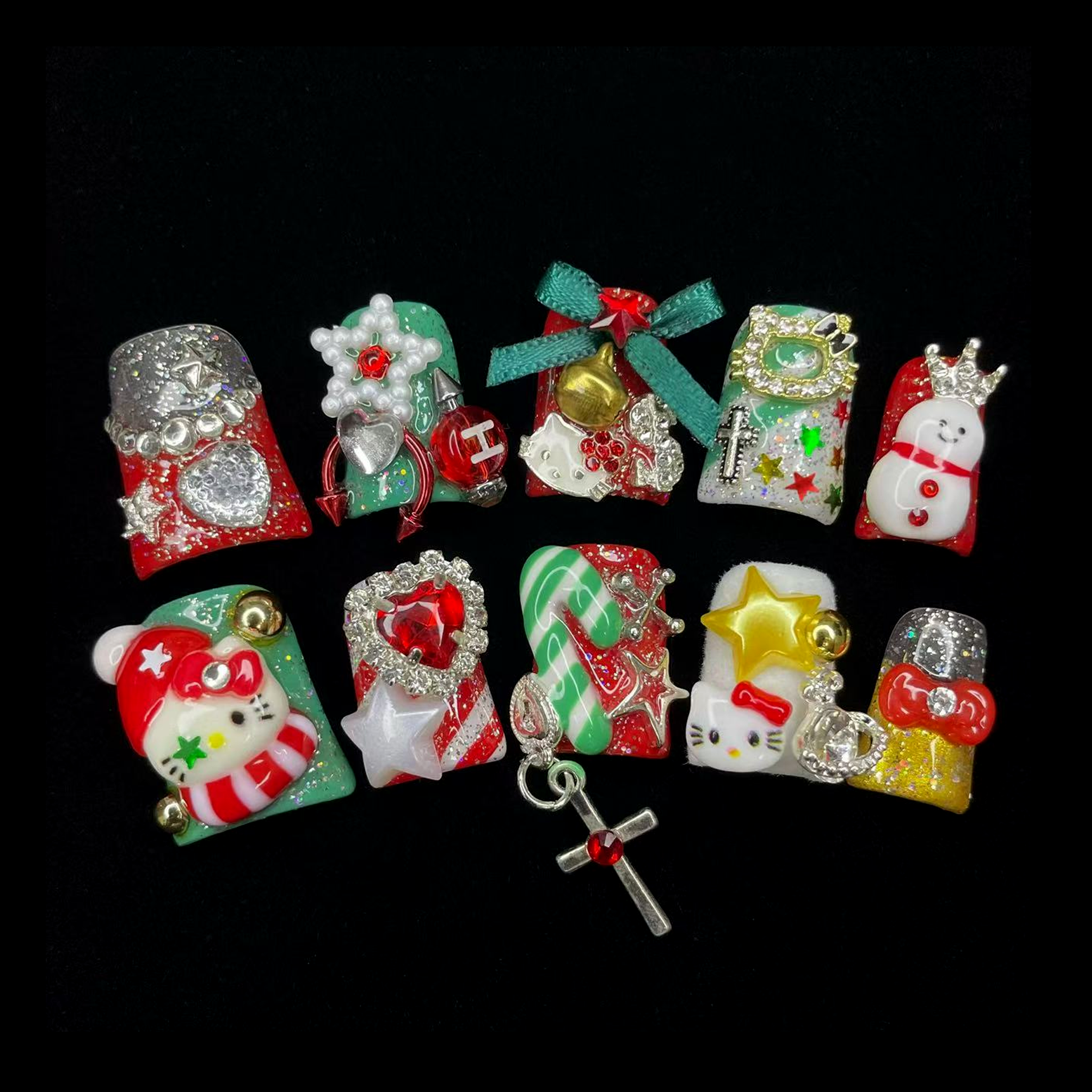 Luxurious Christmas Short Press-On Nails with Snowmen, Candy, Stars, Bows, and Hello Kitty, Festive Holiday Handmade Nail Art