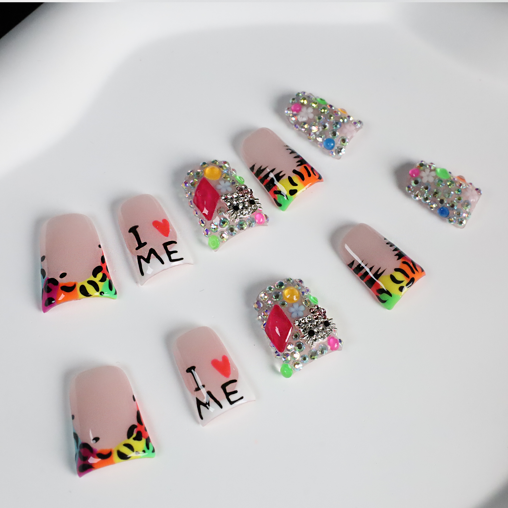 Bold Neon Glam Short Duck Press-On Nails | Rhinestone & Animal Print Nail Art | Funky Confidence Handmade Nail | Gel Nails, Glue on Nail