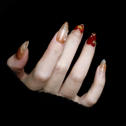 Elegant Floral Red and Beige Press-On Nails with Pearl & Gold Accents, Handcrafted 3D Floral Nail Art, Vintage inspired Fake Nails