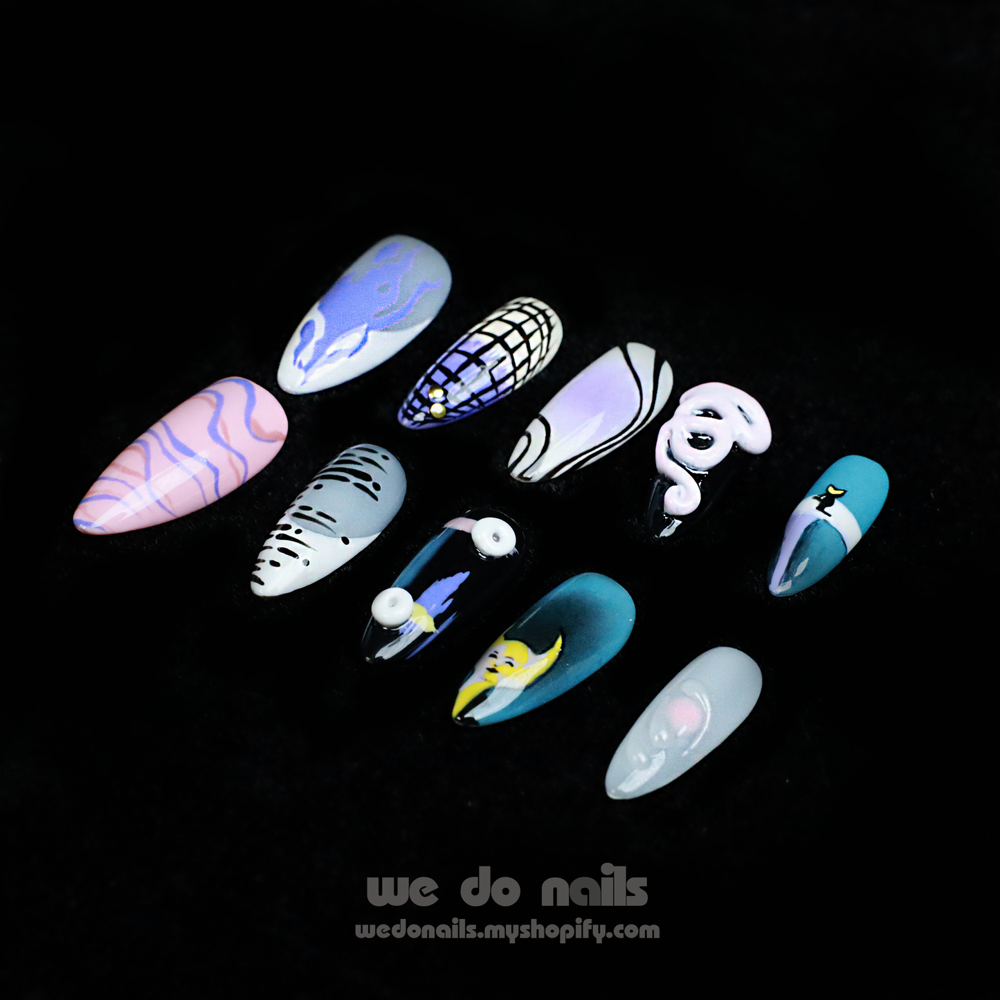 Mystic Dream Custom Press On Nails | Funny and Abstract 3D nails | Aliens, Universe Cartoon Nails |Medium Almond |Handmade Nails, Fake Nails