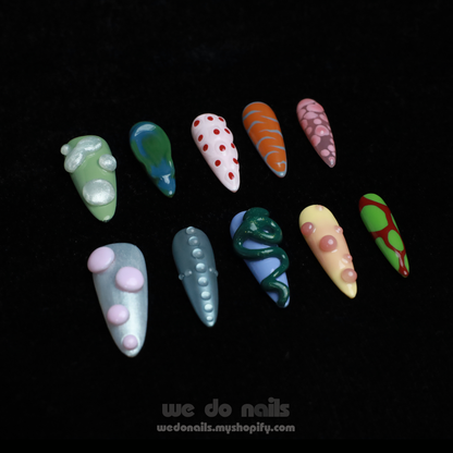 Tropical Vibe Custom Press On Nails | 3D Dots,Snake nails|Delight and Vibrant |Medium Stiletto|Handmade Nails,Reusable, Fake Nails,Gel Nails