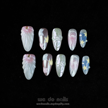 Ocean-Themed Custom Press On Nails | Starfish, Jellyfish, Shell, 3D nails |Medium Almond|High-Quality, Handmade Nails, Reusable,Fake Nails