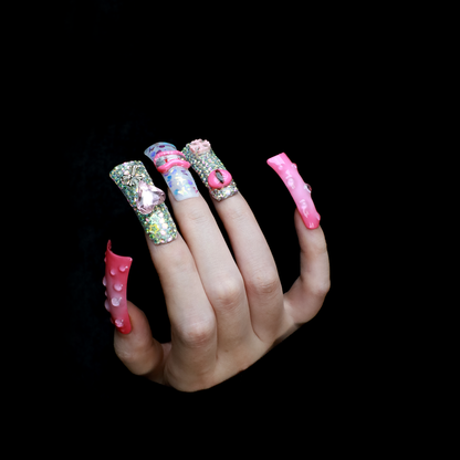 Pink Extra Long Duck Press-On Nails with Rhinestone, Sparkles, 3D Embellished Glitter Handmade Nail, Gel Nails, Glue on Nail