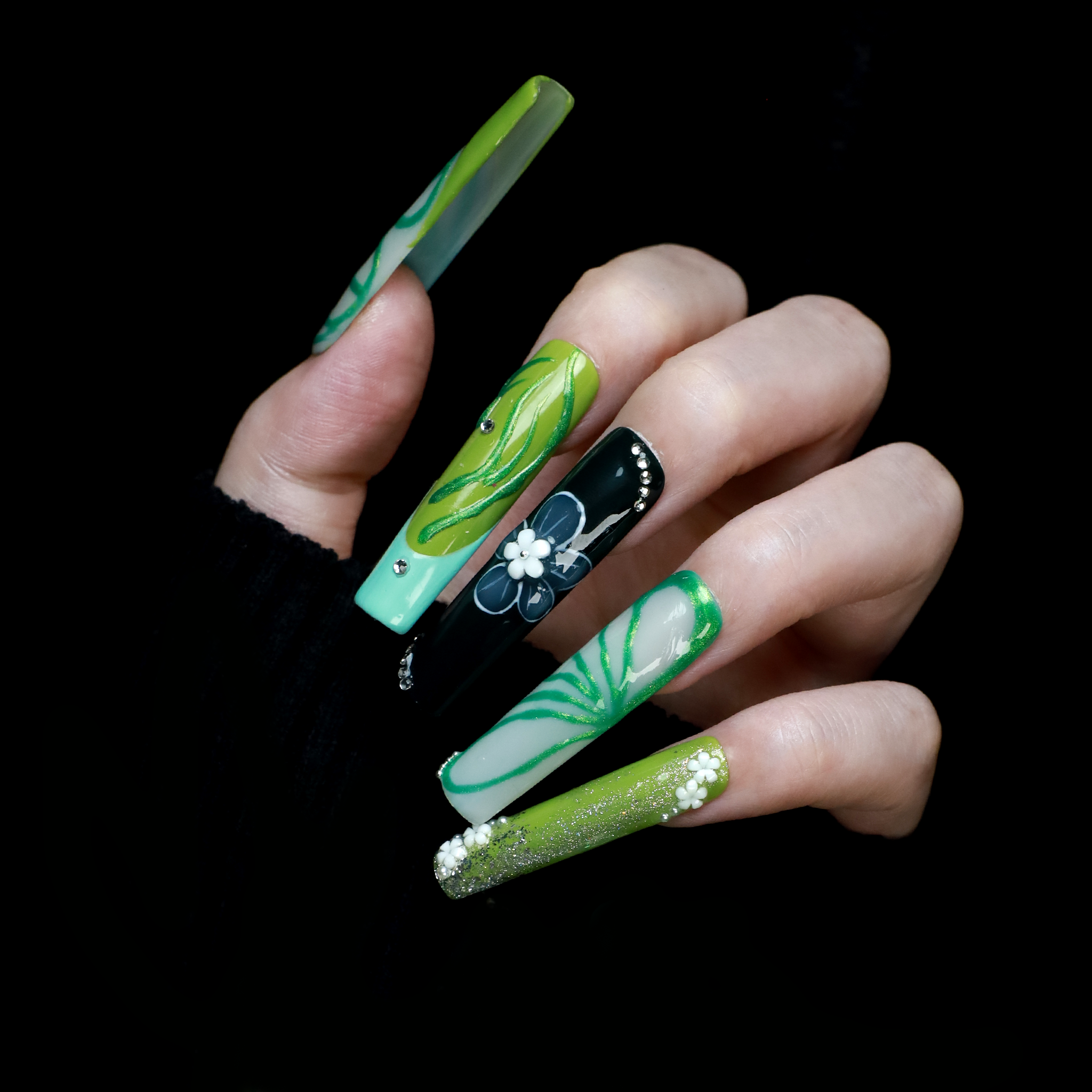 Emerald Blossom Press On Nails | 3D Flower, Leaf | Green nail | Long Square｜Handmade Nails, Reusable nails, Fake Nails,Gel Nails