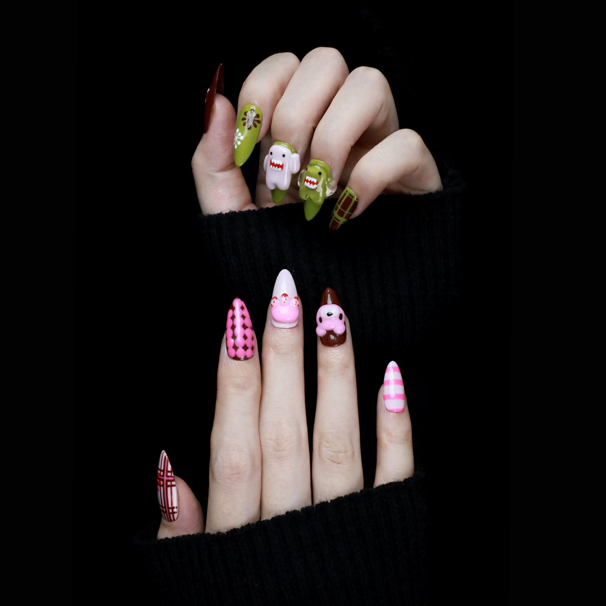 Playful Monster Custom Press On Nails | 3D Pink and Green Handcrafted Nail | Cute Bear Short Stiletto Fake Nails | Party and Casual Gel Nail