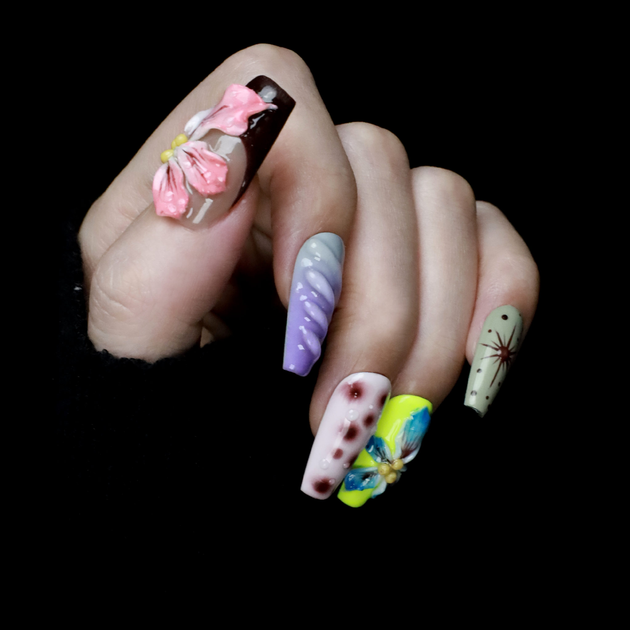 Ethereal Blossom Custom Press On Nails | 3D Floral Elegance Handcrafted Nails | Short Trapezoid Fake Nails | Party, Birthday, Everyday Look