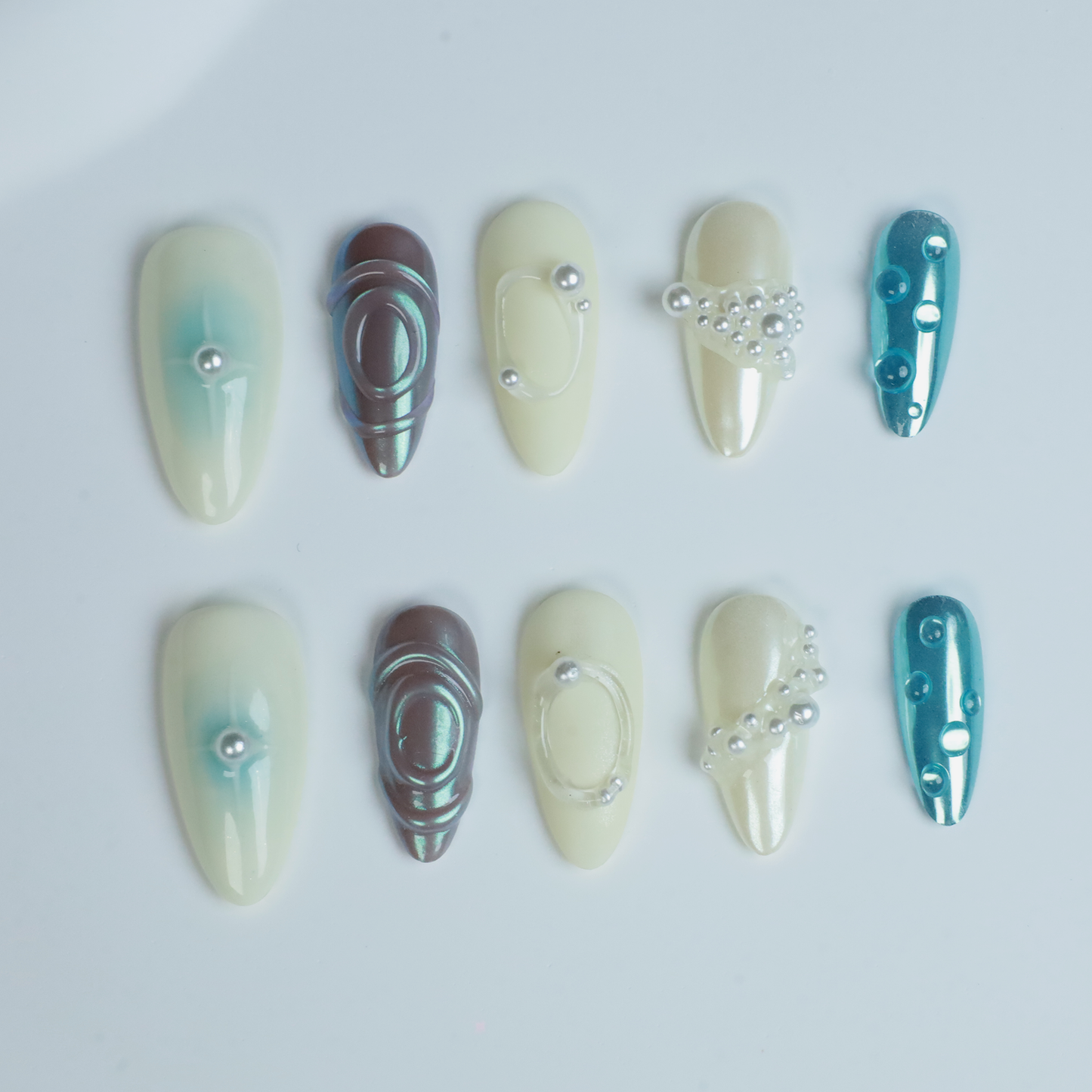 Ocean Mist Elegance Press On Nails | 3D Pearl and rings nail | Short Almond｜Handmade Nails, Reusable nails, Fake Nails,Gel Nails